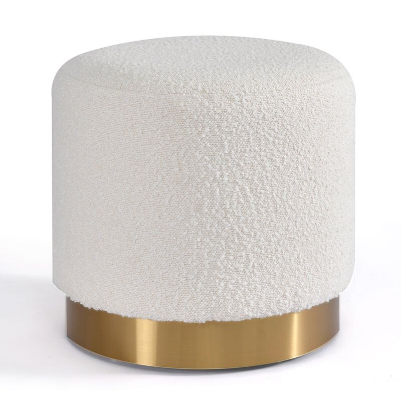 Glamour Home White Boucle Fabric Round Footstool Ottoman Golden Accent Base Medium Size