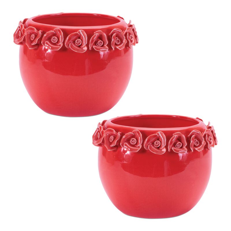 Set of 2 Stoneware Bud Vases with Floral Accent for Shelf or Tabletop Display