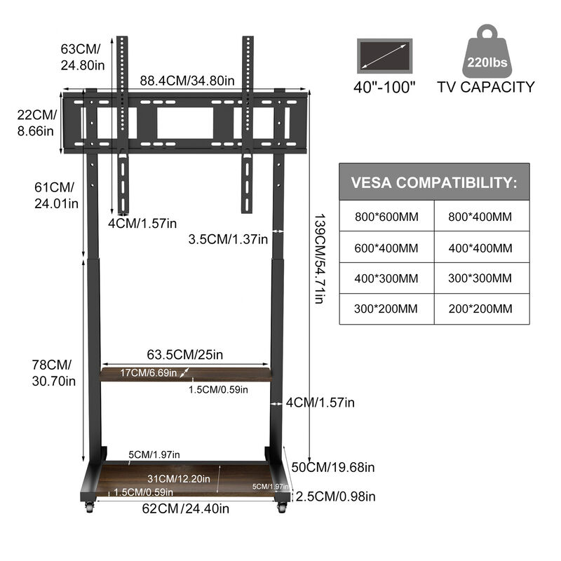 Rolling TV Floor Stand w/ MDF Shelves Height Adjustable TV Cart Mount image number 4
