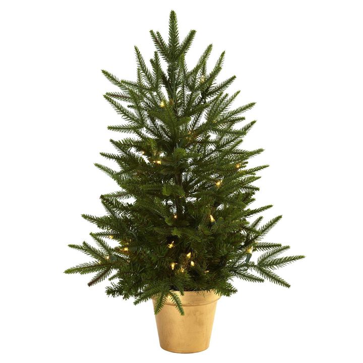 Nearly Natural 2.5-ft Christmas Tree w/Golden Planter, 50 Clear Lights & 119 Tips