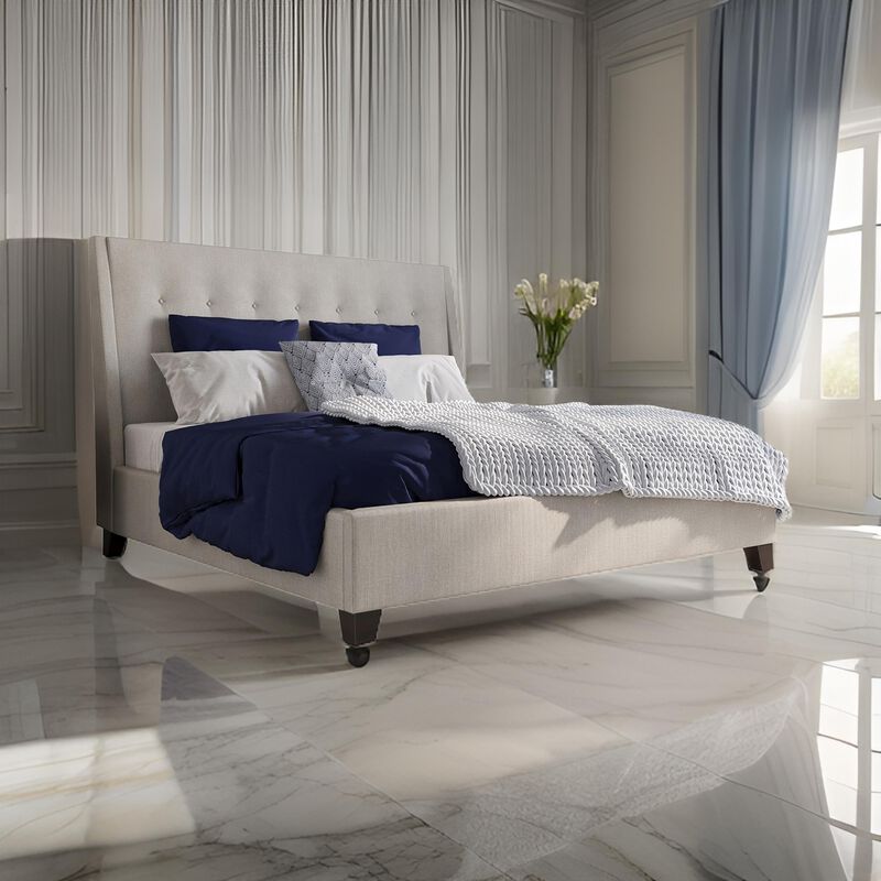 Atina California King Platform Bed, Button Tufted Beige Linen Upholstery - Benzara