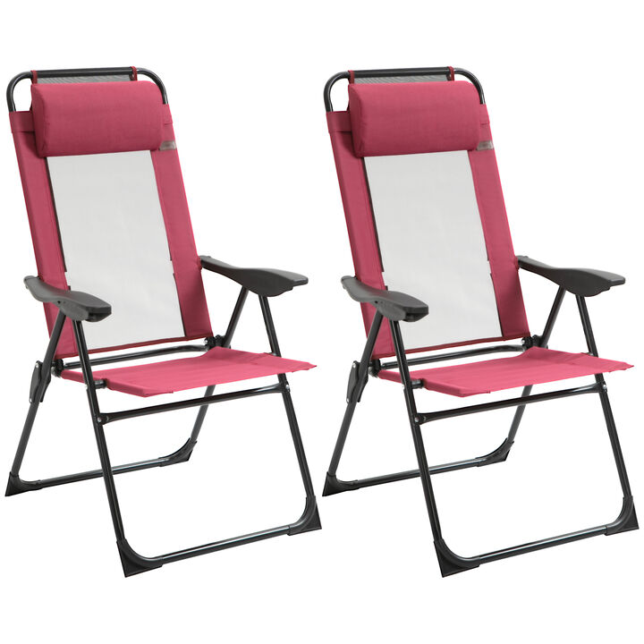 Outsunny Folding Patio Chairs Set of 2, Outdoor Deck Chair with Adjustable Sling Back, Camping Chair with Removable Headrest for Garden, Backyard, Lawn, Red