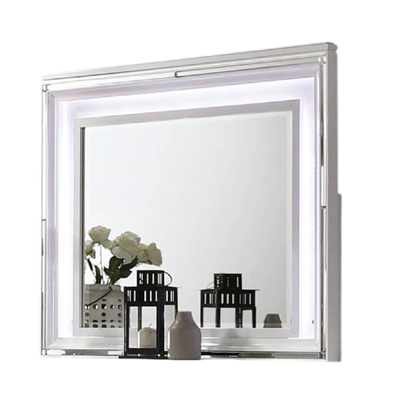 Lin Dresser Mirror with LED Lights, 47 Inch White Solid Wood Frame