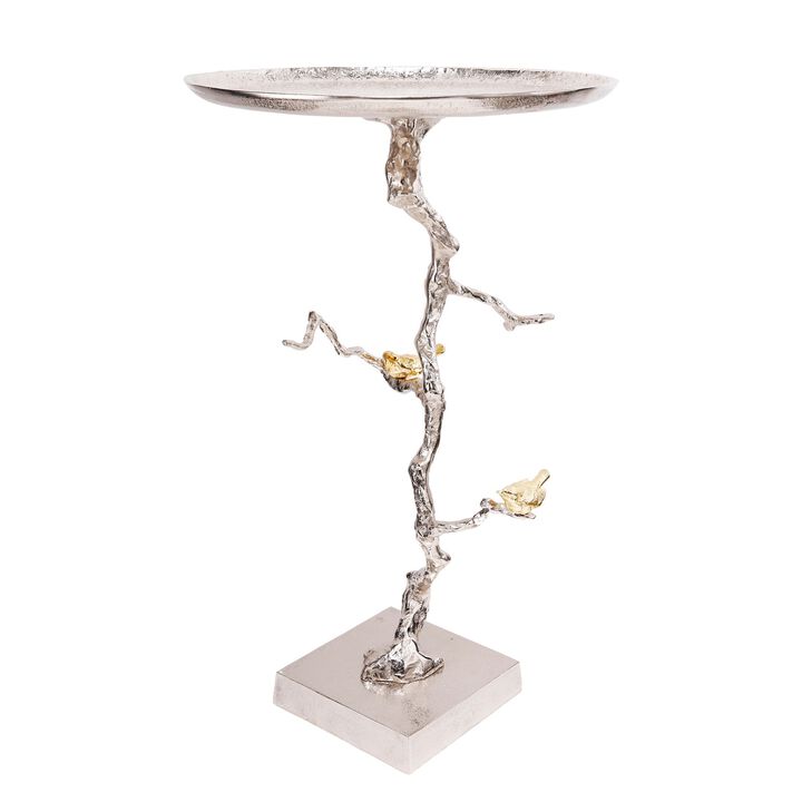 28 Inch Accent Table, Artful Branch Like Frame, Gold Bird Accents, Silver