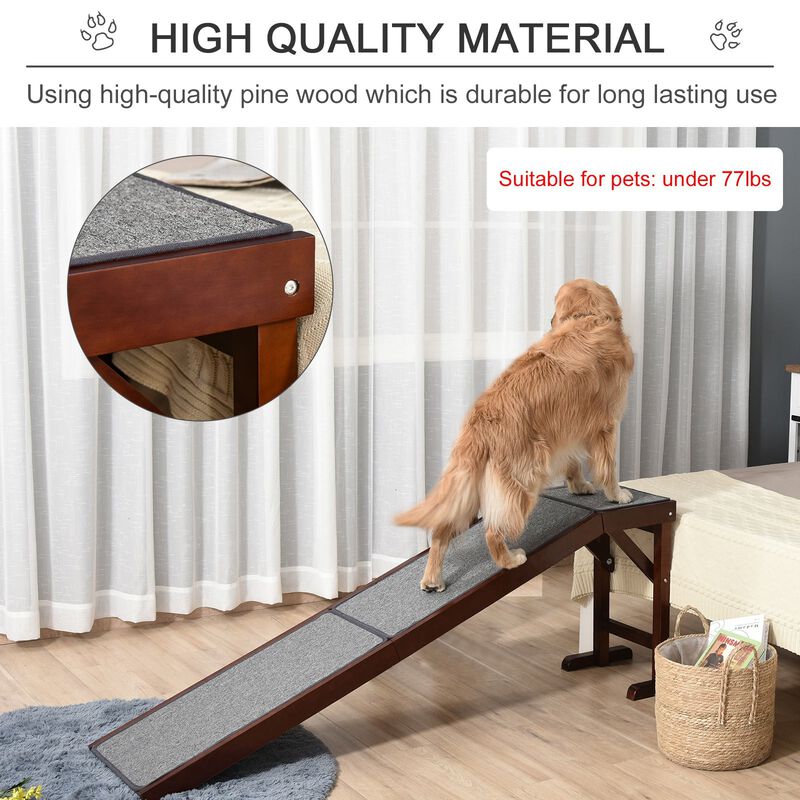 Pet Ramp Bed Steps for Dogs Cats Non-slip Carpet Top Platform Pine Wood 69.75"L x 16"W x 25"H Brown Grey