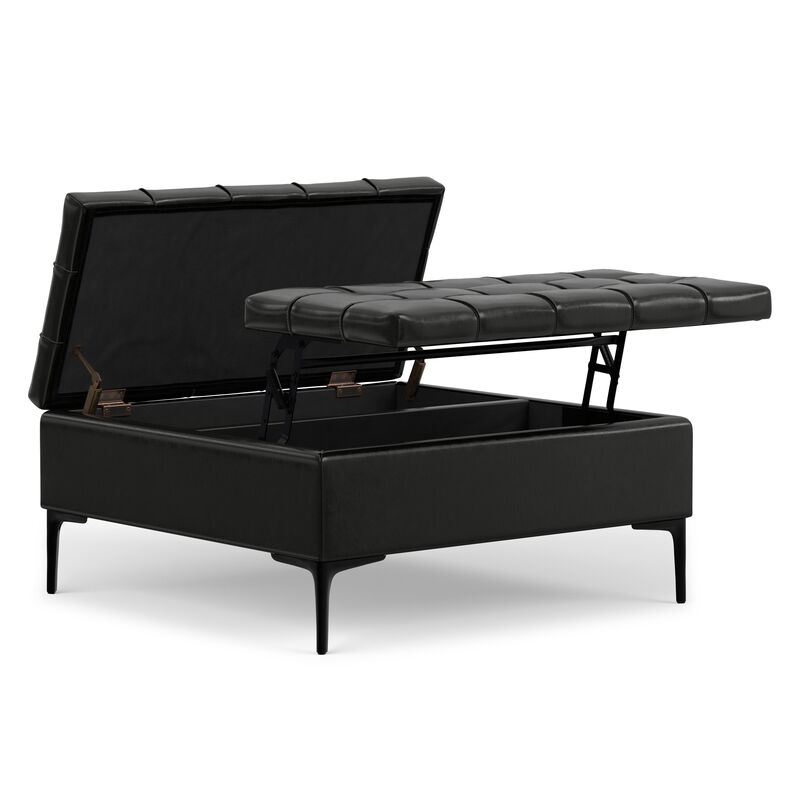 Laura 36 inch Wide Transitional Square Mid&nbsp;Century&nbsp;Lift Top Storage Ottoman in Midnight Black Vegan Faux Leather, Assembled image number 3