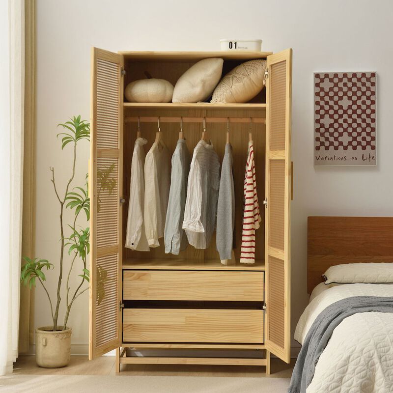 Solid Wood Armoire with Rattan Doors