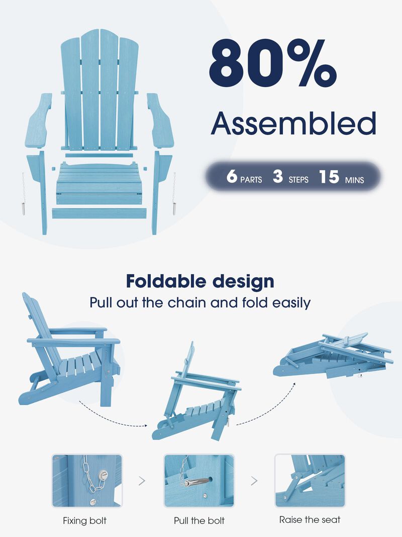 KINGYES Folding Adirondack Chair Set of 2, HDPE All-Weather Folding Adirondack Chair, Light Blue