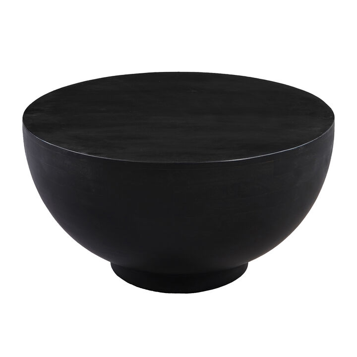 30 Inch Modern Art Coffee Table, Round Drum Shape, Solid Mango Wood, Matte Black