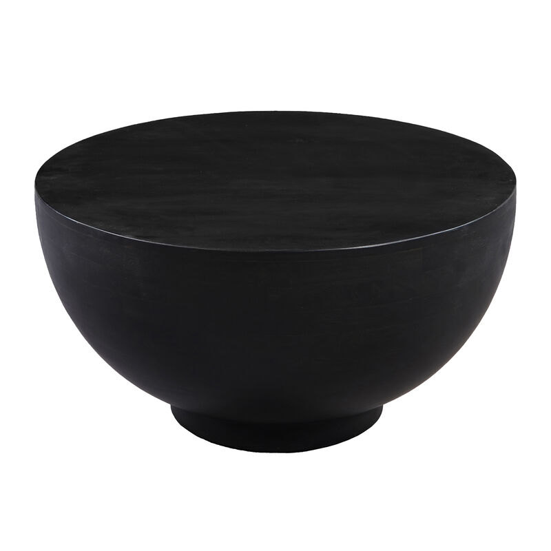 30 Inch Modern Art Coffee Table, Round Drum Shape, Solid Mango Wood, Matte Black