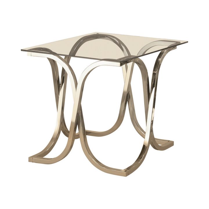 Tempered Glass Top End Table with Curved X Metal Frame, Clear and Silver-Benzara