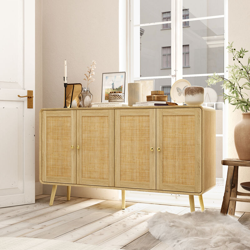 FUFU&GAGA Rattan Wardrobe, Modern Closet with 4 Doors, Gold Handles & Solid Wood Legs, Bedroom Storage Cabinet for Clothes & Accessories (55.1" W x 32.1" H x 13.9" D), Natural Wood