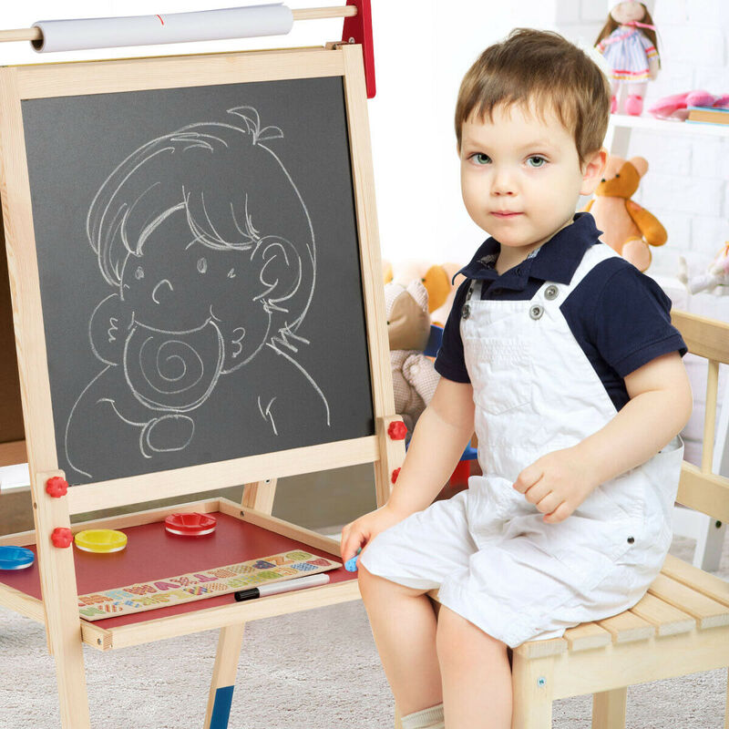 All-in-One Wooden Kid's Art Easel with Magnetic Stickers and Paper &ndash; Adjustable Height