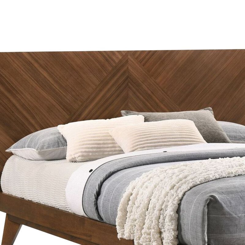 Soer Queen Bed, Chevron Pattern Tall Headboard, Walnut Brown Solid Wood - Benzara