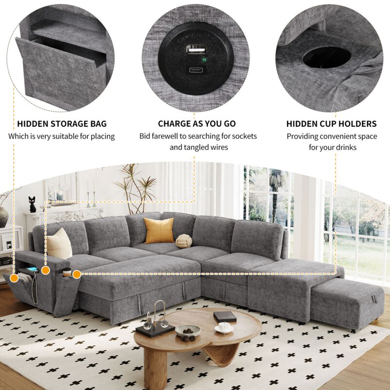 Gabdor L‑Shaped Pull‑Out Sectional Sofa Bed image number 4