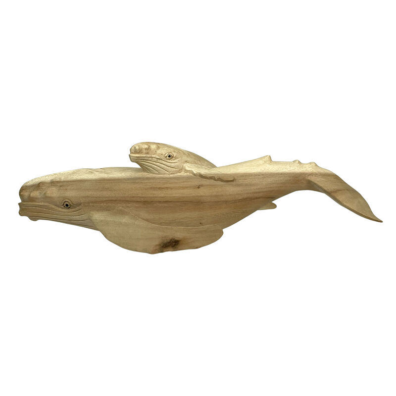 Beautiful Carved Teak Wood Humpback Whale and Baby Tabletop Statue 20 Inch image number 3