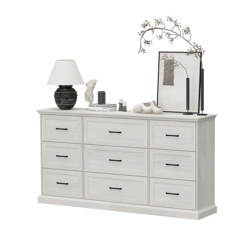 FUFU&GAGA 9-Drawer Dresser, Large Wooden Storage Chest with Black Metal Handles, for Bedroom & Living Room,(70.9" W x 37" H x 15.7" D),Rustic White