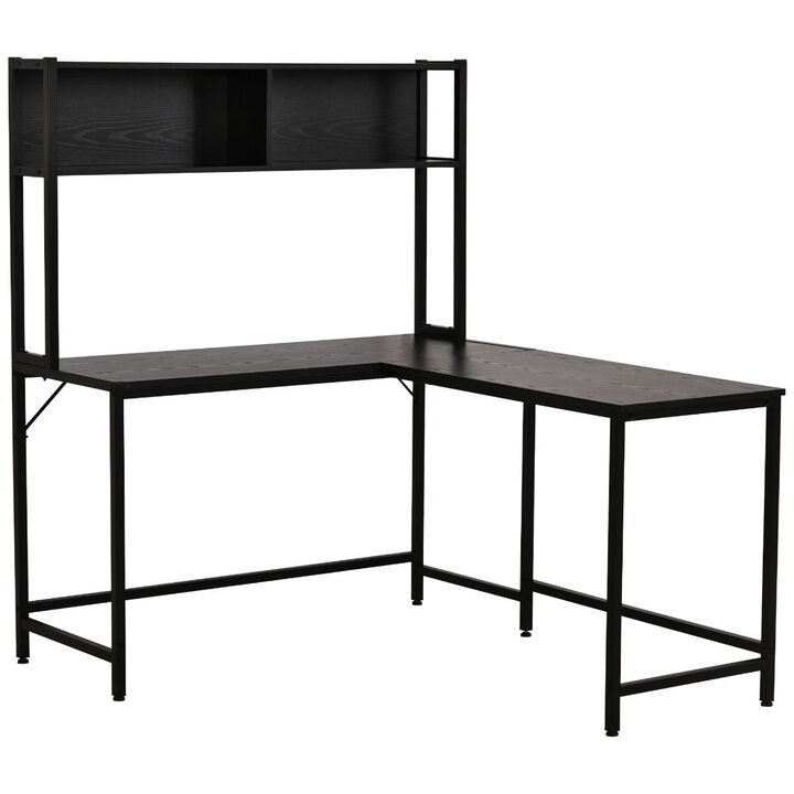 55 Inch Home Office L-Shaped Computer Desk with Storage Shelves, PC Table Study Writing Workstation with 2 Storage Compartments, Black
