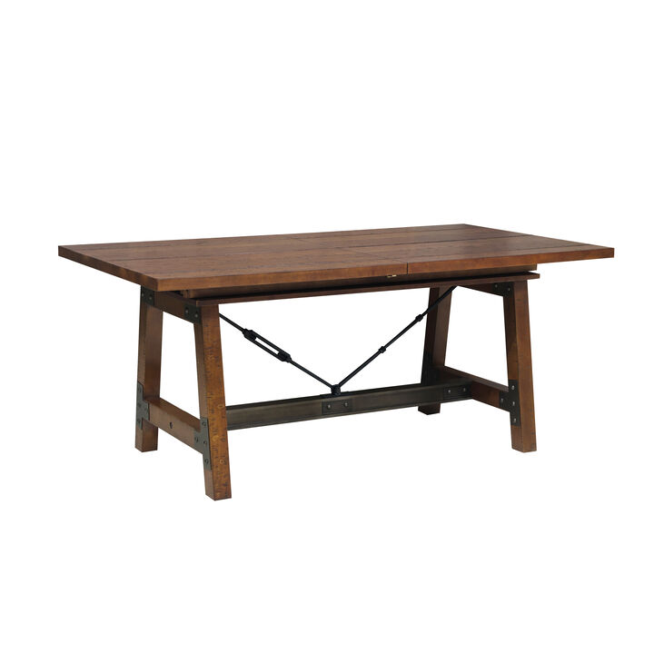 Wooden Dining Table with Extendable Leaf and Block Legs, Brown