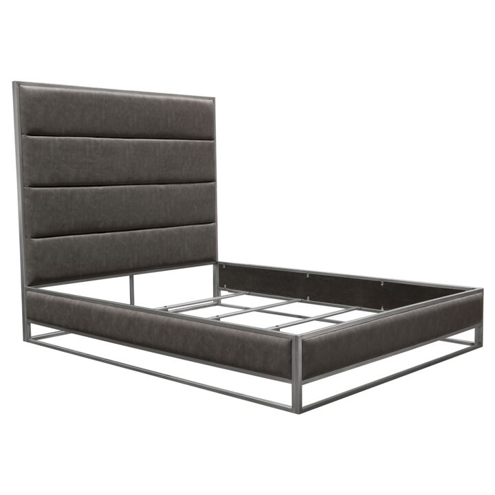 Chek Queen Size Bed, Gray Faux Leather Upholstery w Silver Metal Frame