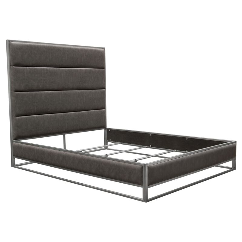Chek Queen Size Bed, Gray Faux Leather Upholstery w Silver Metal Frame