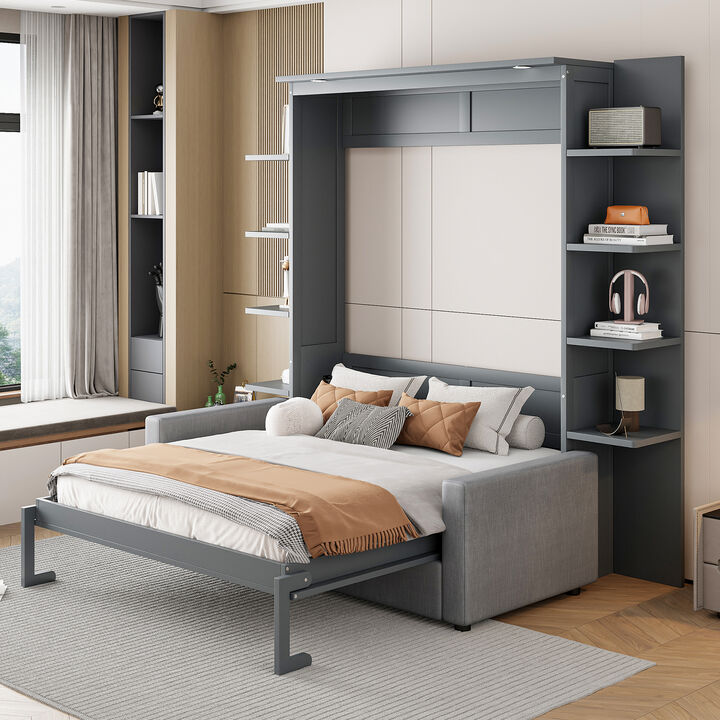 Whisen Modern Design Wood Frame Queen Size Murphy Bed Wall Bed with Sofa and Shelves - Grey