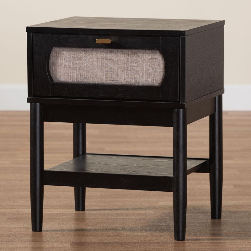 Baxton Studio Shirin Mid Century Beige Fabric and Black Wood 1 Drawer Nightstand