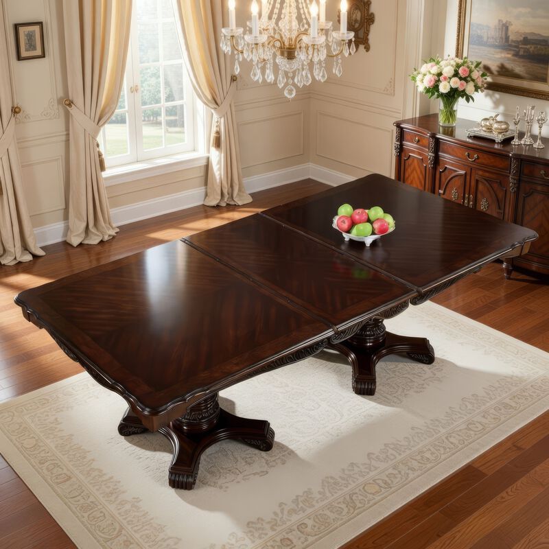 Zenie Dining Table, Extension Leaf, 77-95 Inch, Cherry Brown Solid Wood image number 1