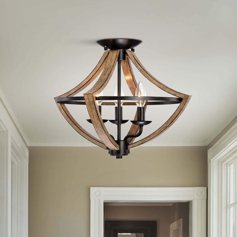 Camille Wood Grain and Antique Black Metal Semi Flush Mount image number 1