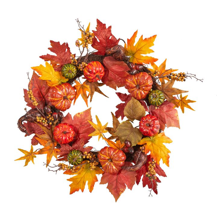 Nearly Natural 24-in Autumn Pumpkin and Berries Artificial Fall Wreath