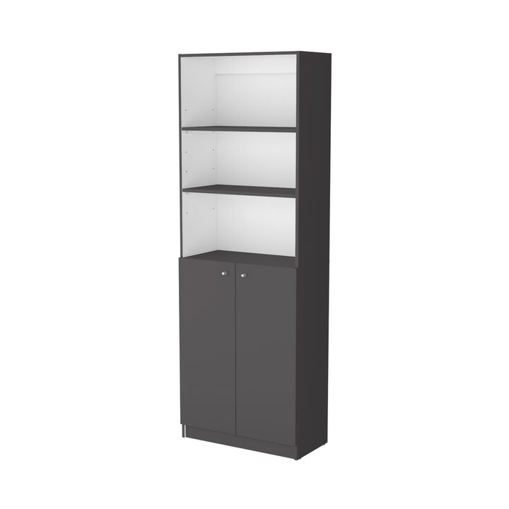 HomeRoots 71" Gray And White Wood Three Tier Bookcase with Two Doors
