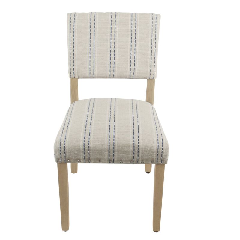 Wooden Dining Chair with Striped Pattern Fabric Cushioned Seat, Blue and White, Set of Two - Benzara