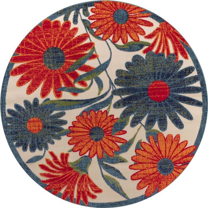HomeRoots 8' Ivory Orange And Blue Round Floral Indoor Outdoor Area Rug