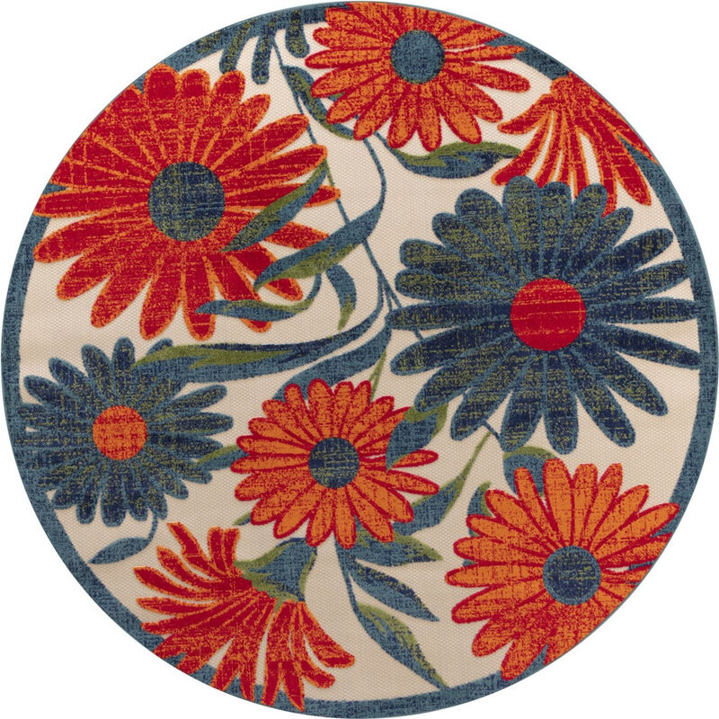 HomeRoots 8' Ivory Orange And Blue Round Floral Indoor Outdoor Area Rug image number 0