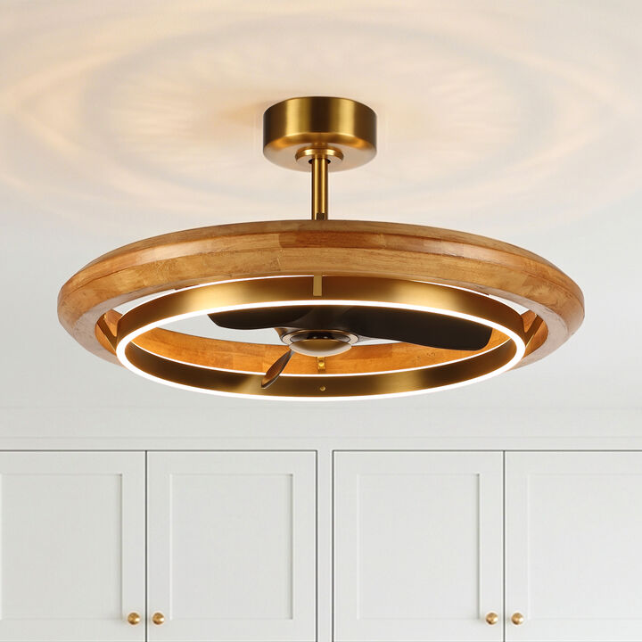 33" Modern Antique Brass Wheel Caged Reversible Dimmable Ceiling Fan with Light and Remote for Bedroom, Living Room or Dining Room