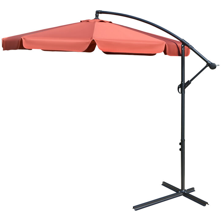 9' Offset Patio Cantilever Hanging Umbrella w/ Crank Handle & Base, Wine Red