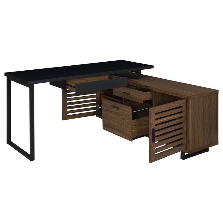 Doxx L Shape Computer Desk, 2 Doors Drawers Black Metal, Walnut Wood - Benzara