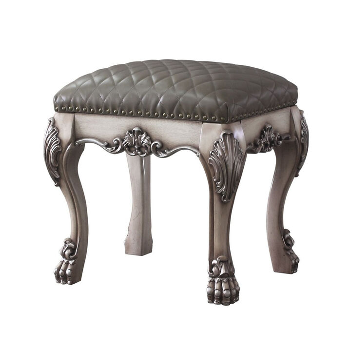 Traditional Wooden Vanity Stool with Leatherette Set and Clack Legs, Gray-Benzara