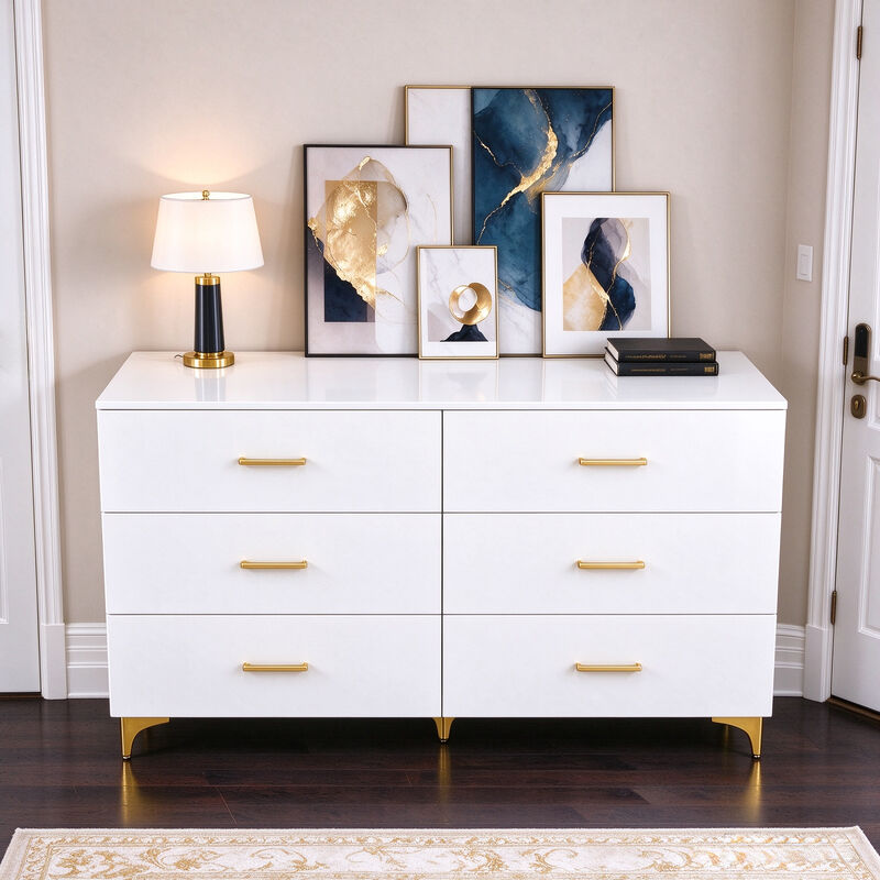 47" White 6 Drawer Dresser with Gold Handles & Legs image number 8
