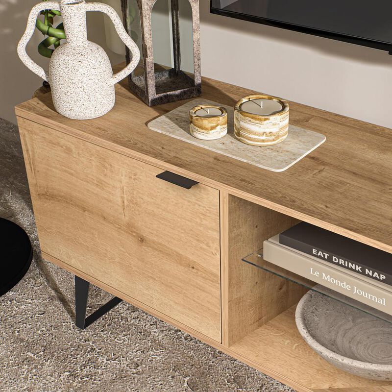 Atelier Mobili Mid Century Modern Door Glass Shelf TV Stand (Oak)