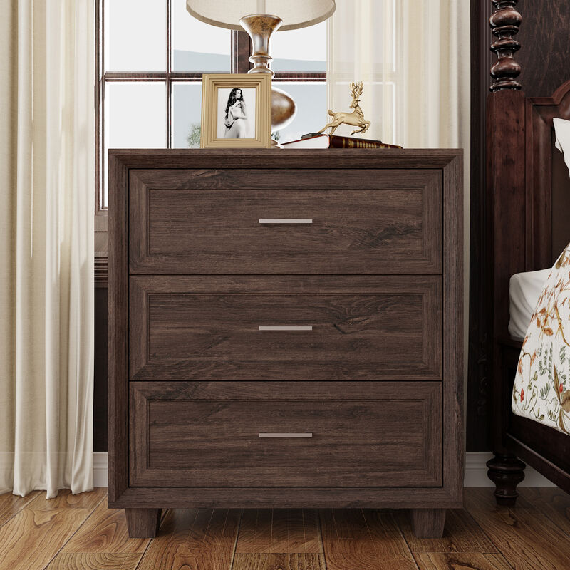 FUFU&GAGA Retro 3-Drawer Bedside Table with Silver Handles, Large Beveled Edge Faux Thick Design and Patterned Drawer Fronts, (34.4 in. W x 31.4 in. D x 15.7 in. H), Dark Brown Wood Grain