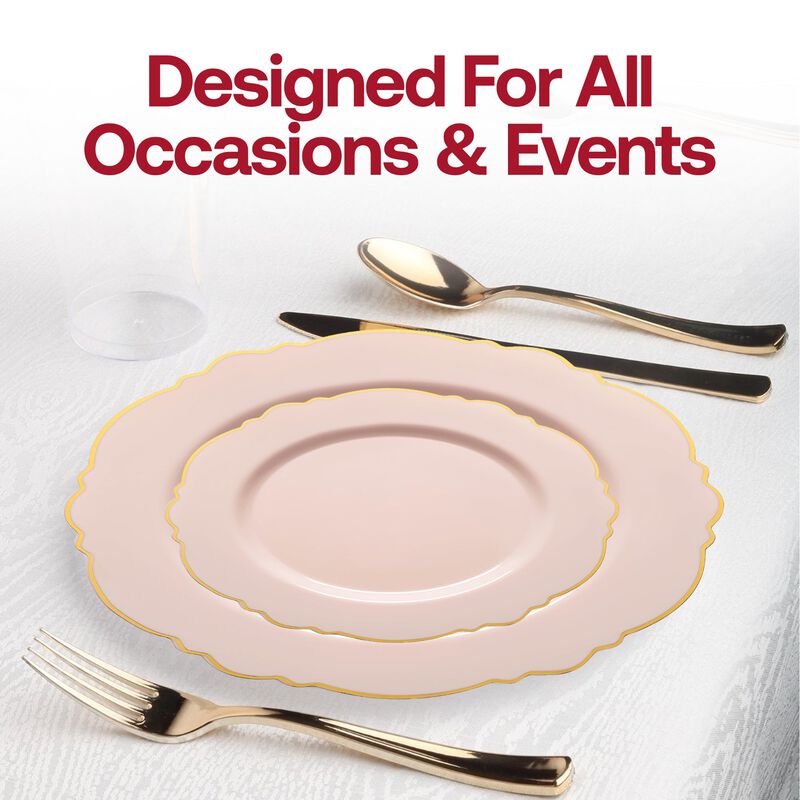 10.25" Pink with Gold Rim Round Blossom Plastic Dinner Plates (120 Plates) image number 6