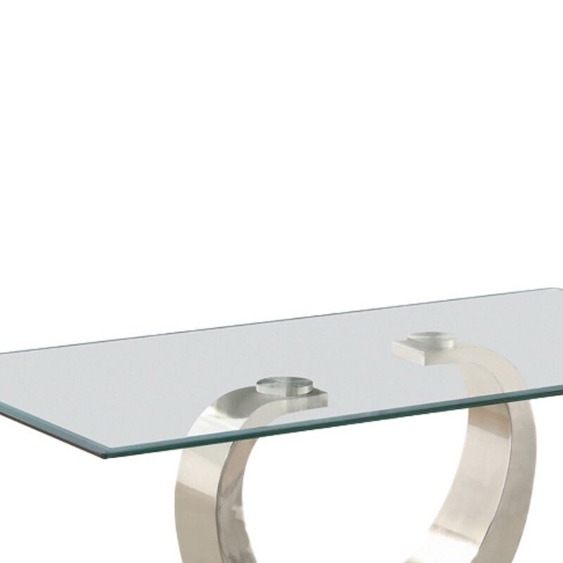 Floating Glass Top Coffee Table with Metal Support, Clear and Silver