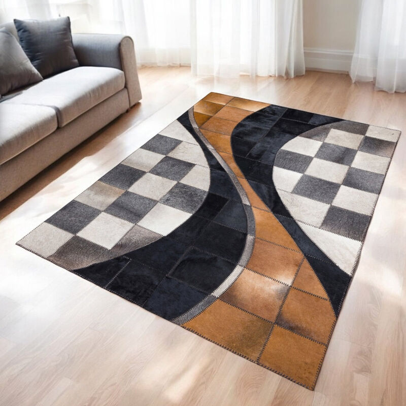 Beige and Gray Cowhide Geometric Patchwork Rug image number 4
