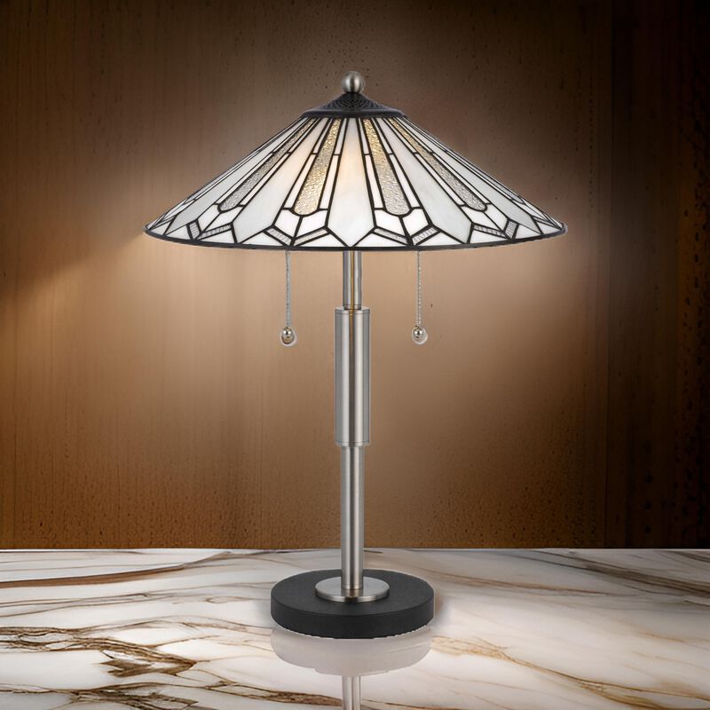Kio 23 Inch Table Lamp, Modern Tiffany Style Stained Glass, Silver Metal - Benzara