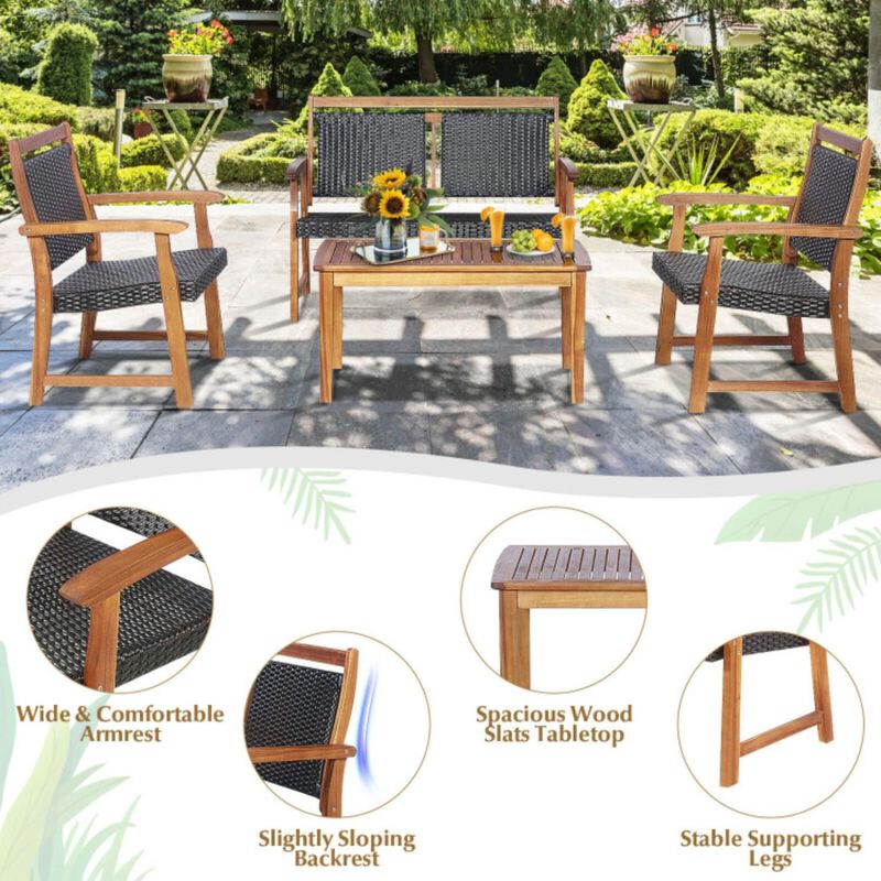 Hivvago 4 Pieces Outdoor Patio Rattan Furniture Sofa Set with Acacia Wood Frame
