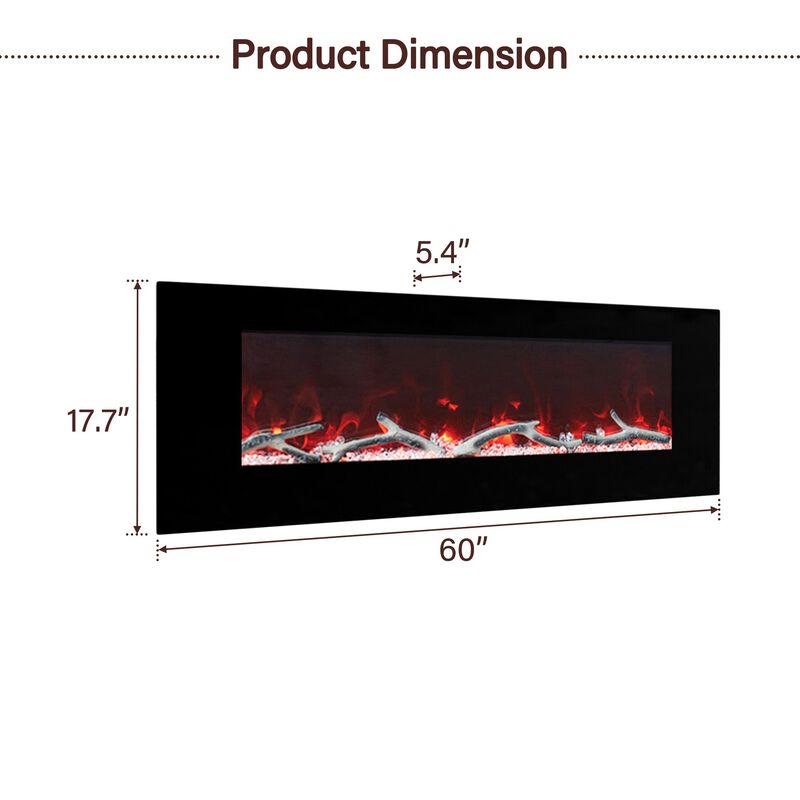 60 Inch 1500W Wall-Mount Fireplace with Multicolor Flame