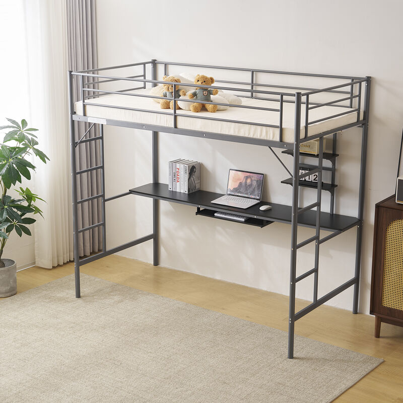 Metal Loft Bed with Desk, Storage Shelves, Dual Ladders & Full-Length Guardrails, No Box Spring Needed