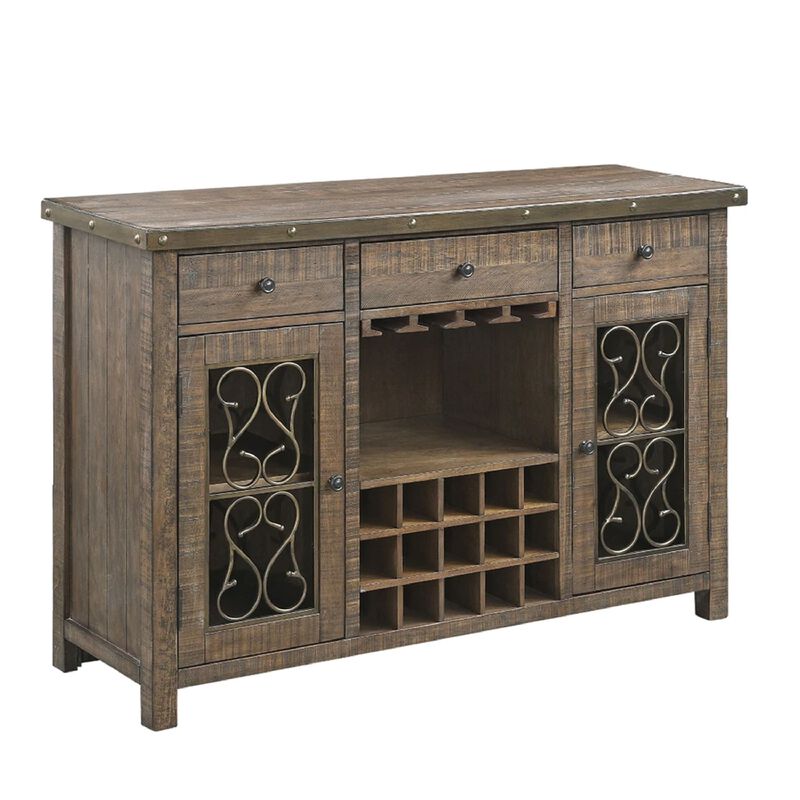 Ral 56 Inch Wood Sideboard Wine Bar Cabinet, Metal Scroll, Rustic Brown