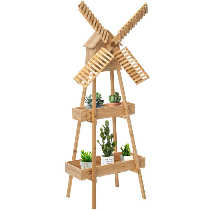 Rustic Wooden Cart with Windmill Accent, Versatile and Decorative Piece for Home or Garden Decor, Perfect for Displaying Plants, Books, and Decorative Items, or as a Unique Storage Solution for Home or Garden Tools